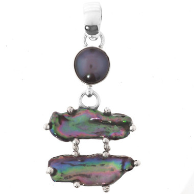 1 3/4" STACKED IRIDESCENT BLUE FRESHWATER STICKPEARL PEARL 925 SILVER pendant