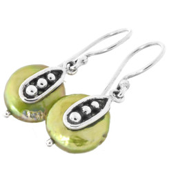 11/16" CUTE GREEN BIWA FRESHWATER COIN PEARL 925 STERLING SILVER earrings