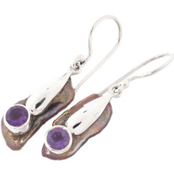 1" AMETHYST BRONZE-TONE  FRESHWATER STICK PEARL 925 STERLING SILVER earrings