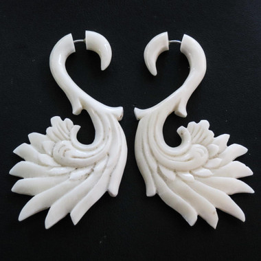 2 1/2" FAKE GAUGE WHITE BISON BONE TRIBAL HAND CARVING POST earrings