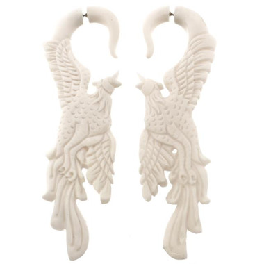3" FAKE GAUGE WHITE BISON BONE PHOENIX BIRD CARVING POST earrings
