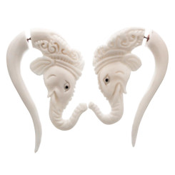 2" FAKE GAUGE WHITE BUFALLO BONE GANESHA ELEPHANT HAND CARVING POST earrings