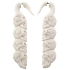 2 3/4" FAKE GAUGE WHITE BISON BONE TRIBAL CARVING SKULL POST earrings