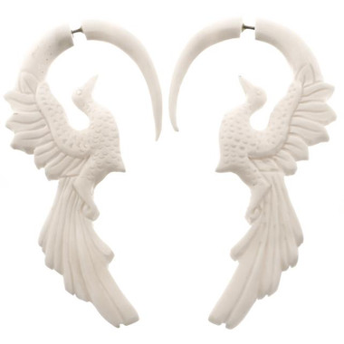 3 1/8" FAKE GAUGE WHITE BISON BONE PEACOCK BIRD CARVING POST earrings