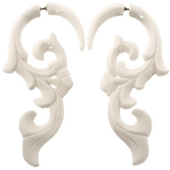 2 3/4" FAKE GAUGE WHITE BONE TRIBAL ORCHID FLOWER BODY JEWELRY POST earrings