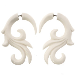 1 11/16" FAKE GAUGE WHITE BONE TRIBAL CARVING ETHNIC BODY JEWELRY POST earrings