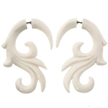 1 11/16" FAKE GAUGE WHITE BONE TRIBAL CARVING ETHNIC BODY JEWELRY POST earrings