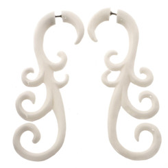 3" FAKE GAUGE WHITE BISON BONE TRIBAL CARVED ETHNIC BODY JEWELRY POST earrings