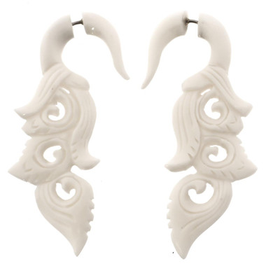 2 3/8" FAKE GAUGE WHITE BUFALLO BONE BOHEMIAN HAND CARVING ETHNIC POST earrings