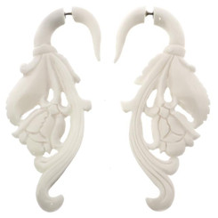 3 3/16" FAKE GAUGE WHITE BISON BONE ROSE FLOWER LEAF CARVING POST earrings