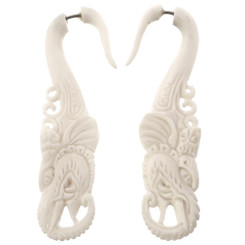 2 3/16" FAKE GAUGE WHITE BISON BONE GANESHA ETHNIC CARVING POST earrings