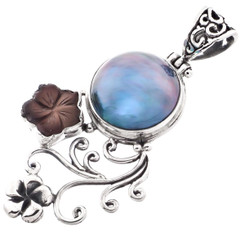1 9/16" OCEAN BLUE MABE PEARL FLOWER SHELL 925 STERLING SILVER FILIGREE pendant