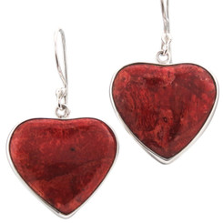 7/8" Heart Valentine Red Coral 925 Sterling Silver Earrings