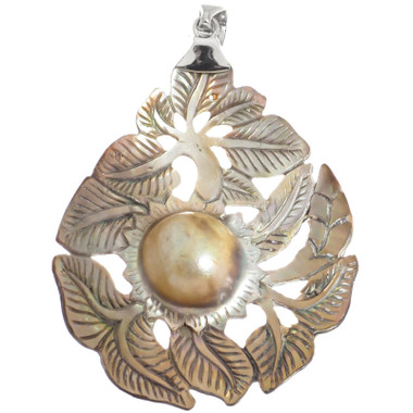 3" LEAVES HAND CARVING MABE BLISTER PEARL IN SHELL 925 STERLING SILVER pendant