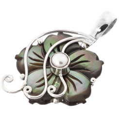 1 3/4" BLACK MOTHER OF PEARL SHELL FLOWER BIWA PEARL 925 STERLING SILVER pendant