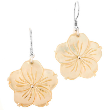 1" PLUMERIA FLOWER GOLDLIP MOTHER OF PEARL SHELL 925 SILVER earrings