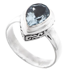 Teardrop Pear Blue Topaz Scroll Filigree 925 Sterling Silver Stacking Ring