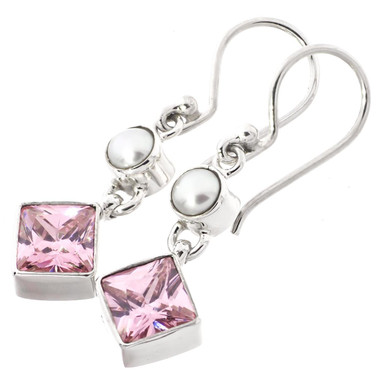 3/4" WHITE FRESHWATER PEARL PINK QUARTZ 925 STERLING SILVER DANGLE earrings