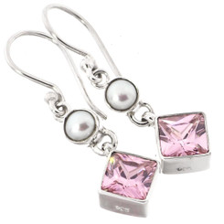 3/4" WHITE FRESHWATER PEARL PINK QUARTZ 925 STERLING SILVER DANGLE earrings