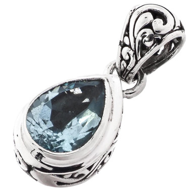 1" DAINTY TEARDROP PEAR BLUE TOPAZ SCROLL FILIGREE 925 STERLING SILVER pendant
