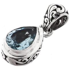 1" DAINTY TEARDROP PEAR BLUE TOPAZ SCROLL FILIGREE 925 STERLING SILVER pendant