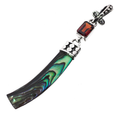 2 1/4" PAUA ABALONE SHELL RED GARNET 925 STERLING SILVER pendant