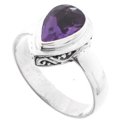 Teardrop Pear Amethyst Scroll Filigree 925 Sterling Silver Stacking Ring