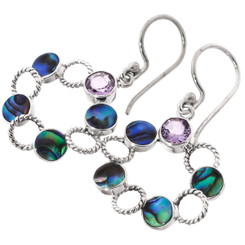 7/8" NEW ZEALAND PAUA ABALONE SHELL AMETHYST 925 STERLING SILVER HOOP earrings