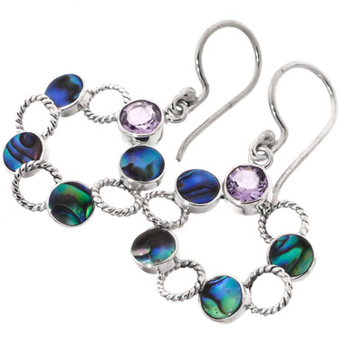 7/8" NEW ZEALAND PAUA ABALONE SHELL AMETHYST 925 STERLING SILVER HOOP earrings