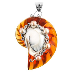 2 3/8" COOL FRESHWATER PEARL COGNAC AMBER OPEN NAUTILUS SHELL 925 SILVER pendant