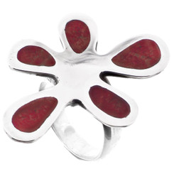1.4" Genuine Red Coral Splatter Design In 925 Sterling Silver Adjustable Ring