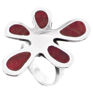 1.4" Genuine Red Coral Splatter Design In 925 Sterling Silver Adjustable Ring