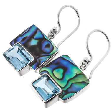 11/16" GENUINE PAUA ABALONE SHELL BLUE TOPAZ 925 STERLING SILVER earrings