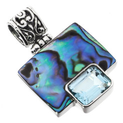 1 1/2 '  NEW ZEALAND PAUA ABALONE SHELL BLUE TOPAZ STERLING SILVER pendant