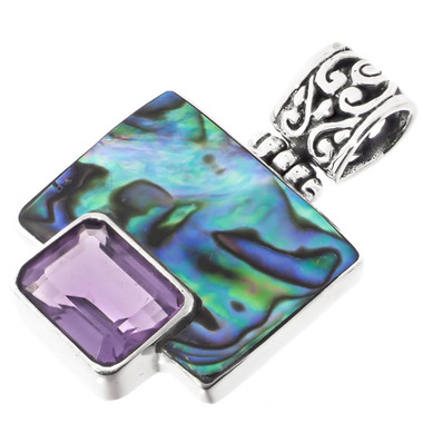 1 1/2" BLUE GREEN PAUA ABALONE SHELL AMETHYST 925 STERLING SILVER pendant