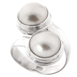 Double South Pacific White Mabe Cultured Pearl 925 Sterling Silver Ring