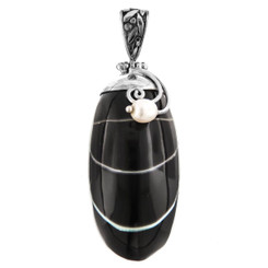 2" BLACK NAUTILUS SHELL FRESHWATER PEARL 925 STERLING SILVER pendant
