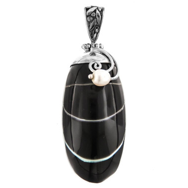 2" BLACK NAUTILUS SHELL FRESHWATER PEARL 925 STERLING SILVER pendant
