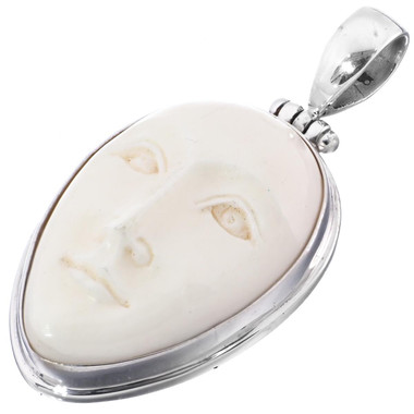 1 3/4" HANDCRAFTED BALI GODDESS BISON BONE CARVING STERLING SILVER pendant