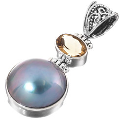 1 5/8" GORGEOUS BLUE MABE PEARL CITRINE 925 STERLING SILVER pendant