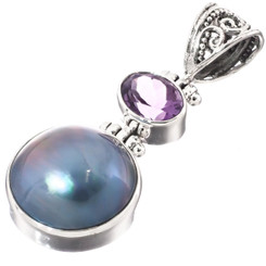 1 5/8" GORGEOUS BLUE MABE PEARL AMETHYST 925 STERLING SILVER pendant