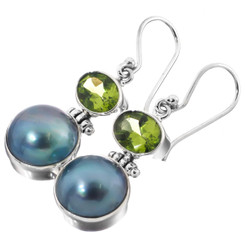 1" STUNNING BLUE MABE PEARL PERIDOT 925 STERLING SILVER earrings