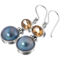 1" STUNNING BLUE MABE PEARL CITRINE 925 STERLING SILVER earrings