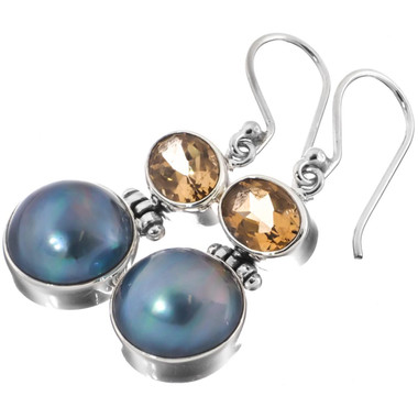 1" STUNNING BLUE MABE PEARL CITRINE 925 STERLING SILVER earrings