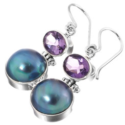 1" STUNNING BLUE MABE PEARL AMETHYST 925 STERLING SILVER earrings