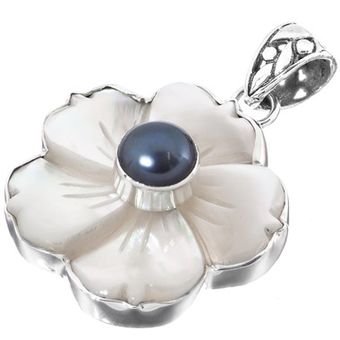 1 3/8" WHITE MOTHER OF PEARL FLOWER FRESHWATER PEARL 925 STERLING SILVER pendant