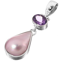 1 3/4" PEAR PINK TEARDROP MABE PEARL AMETHYST 925 STERLING SILVER pendant