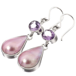 1 1/4" PEAR PINK TEARDROP MABE PEARL AMETHYST 925 STERLING SILVER earrings