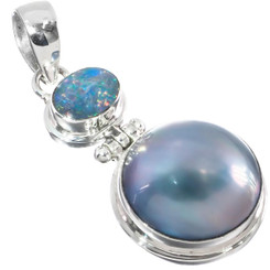 Blue Mabe Cultured Pearl Australian Opal 925 Sterling Silver Pendant, 1 9/16"