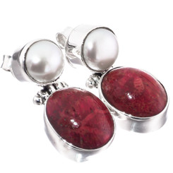 White Freshwater Pearl Red Coral 925 Sterling Silver Stud Earrings, 7/8"
